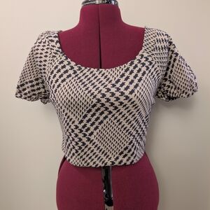 Versona Navy Blue and White Puff Sleeve Crop Blouse